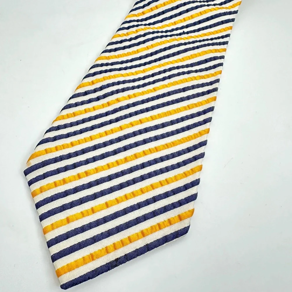 Harold Powell Seersucker Necktie Mens Navy Yellow Repp Striped Silk USA 58x3.5
